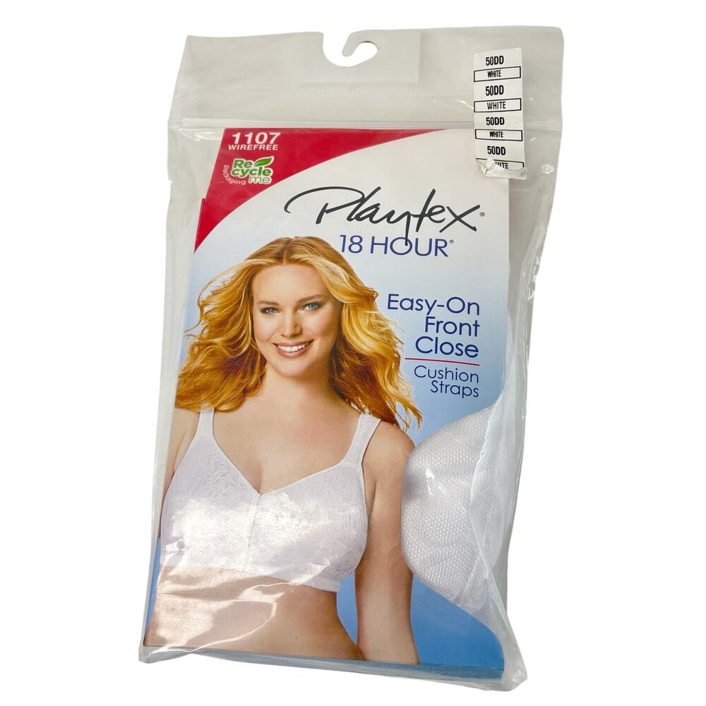 Playtex 18 Hour 1107 Wireless Front Close Bra White Cushion Straps Size 50DD